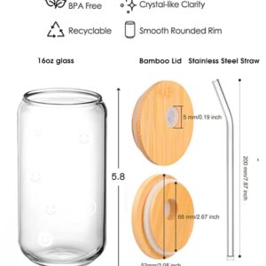 Smiley Face Glass Cups with Lids and Straws- Tumbler with Lid and Straw- 16 oz Iced Coffee Cup w/Bamboo Lid Stainless Streel Straw- Beer Can Shaped Drinking Glasses- Cute Cups- Gift for Women