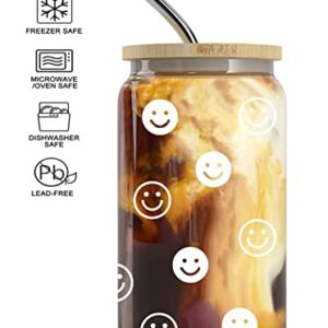 Smiley Face Glass Cups with Lids and Straws- Tumbler with Lid and Straw- 16 oz Iced Coffee Cup w/Bamboo Lid Stainless Streel Straw- Beer Can Shaped Drinking Glasses- Cute Cups- Gift for Women