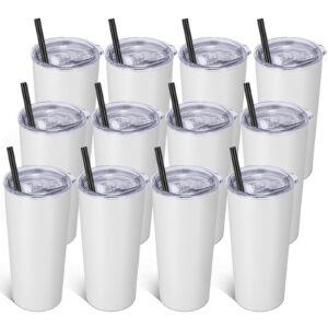vegond 20oz tumbler bulk with lid and straw 12 pack, stainless steel vacuum insulated tumbler, double wall coffee cup travel mug, white
