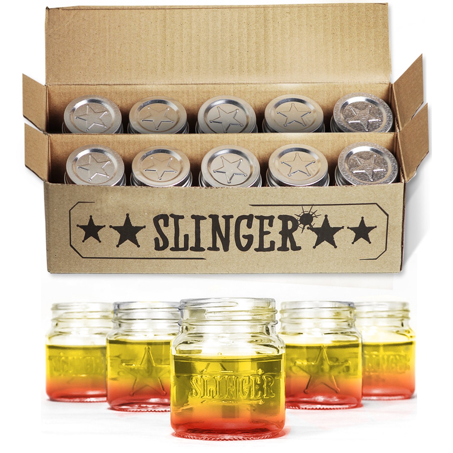 THE SLINGER Shot Glasses Set - Mini Mason Jars with Lids Featuring Unique Star Design (10 Pack) 2 ounces