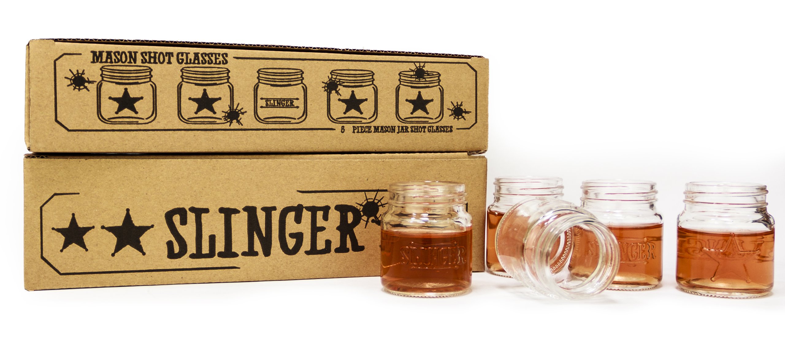 THE SLINGER Shot Glasses Set - Mini Mason Jars with Lids Featuring Unique Star Design (10 Pack) 2 ounces