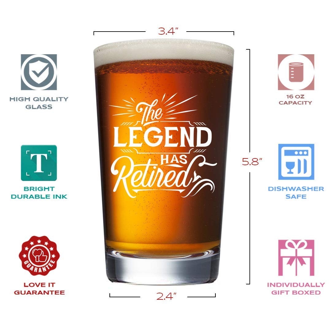 Humor Us Goods Retired Legend Beer Mug - Retirement Gift - Humorous Retirement Gifts for Men Coworker Friends - Unique Beer Glasses - Legend Beer Mug - Retirement Party Decorations - 16 oz Pint Glass