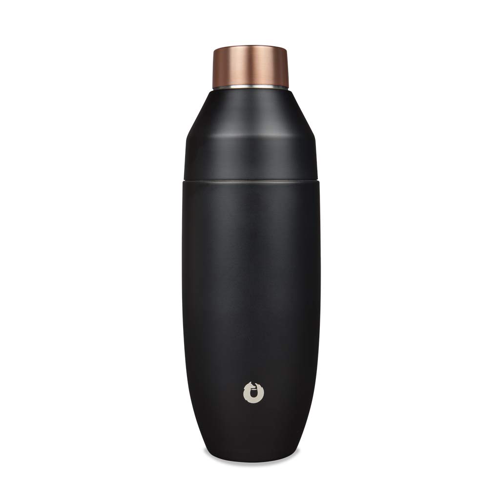 SNOWFOX C90024-15 Premium Vacuum Insulated Stainless Steel Cocktail Shaker-Home Bar Accessories-Elegant Drink Mixer-Leak-Proof Lid With Jigger & Built-In Strainer-Black/Gold-22oz.