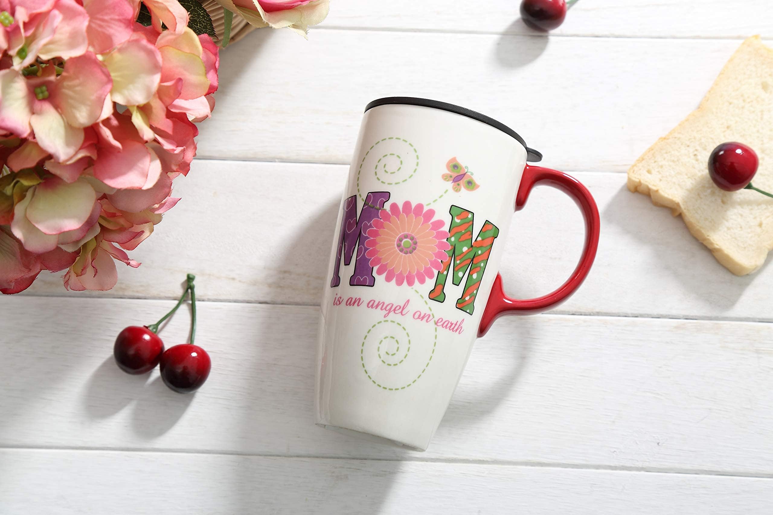 Bloom Valley Coffee Ceramic Mug Mother's Day Mug Porcelain Latte Tea Cup With Lid 17oz. MOM