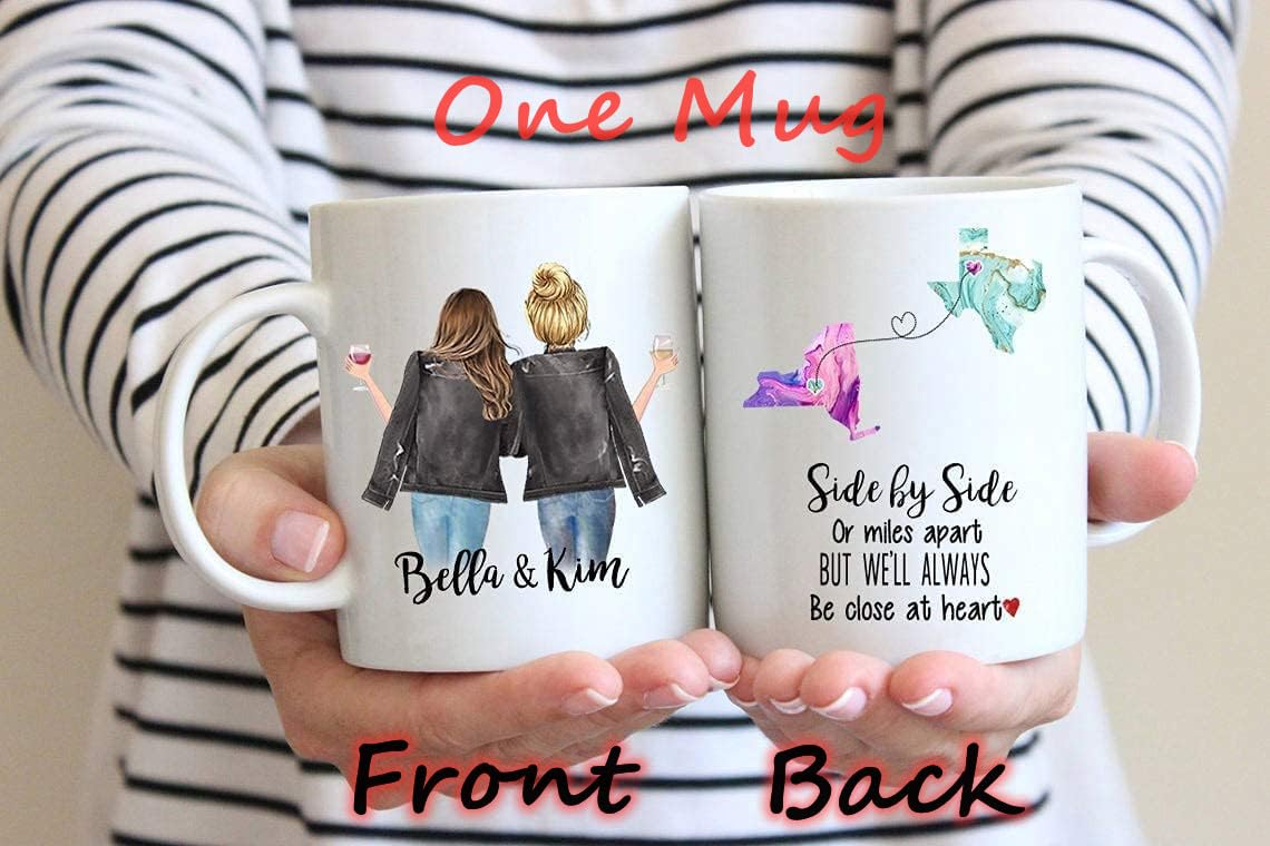 Custom Long Distance Friendship Mug, Side by Side or Miles Apart Coffee Mug, Personalized Going Away Gift for Sister, Best Friend, Choose Names & States, 11 or 15 oz