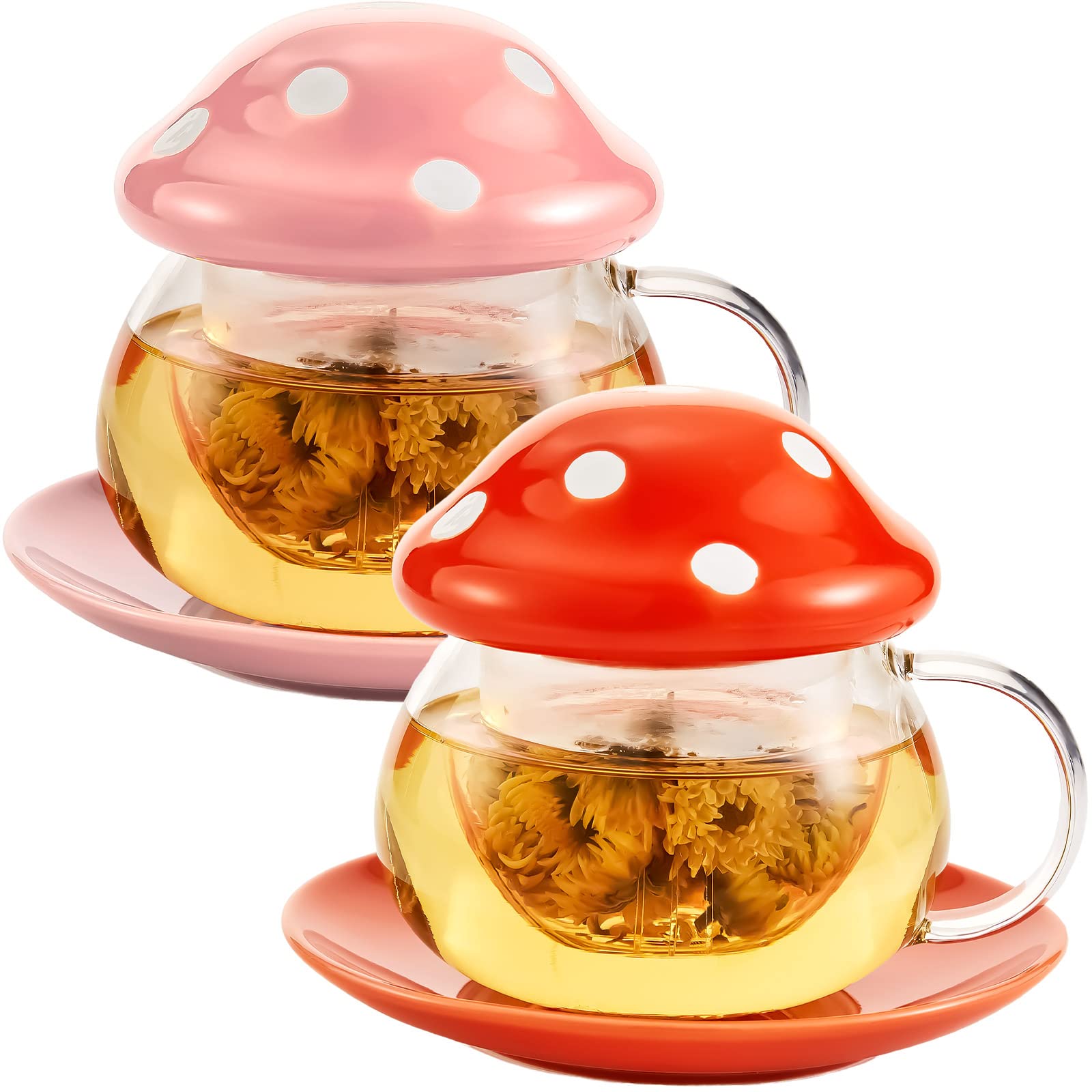 Tessco 2 Pieces Mushroom Cup Cute Glass Tea Cup Mushroom Mug with Filter Infuser and Lid Mushroom Coffee Teapot with Ceramic Lid Coaster Heat Resistant for Christmas, 9.6 oz(Pink, Orange)