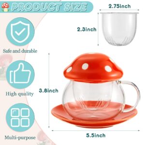 Tessco 2 Pieces Mushroom Cup Cute Glass Tea Cup Mushroom Mug with Filter Infuser and Lid Mushroom Coffee Teapot with Ceramic Lid Coaster Heat Resistant for Christmas, 9.6 oz(Pink, Orange)