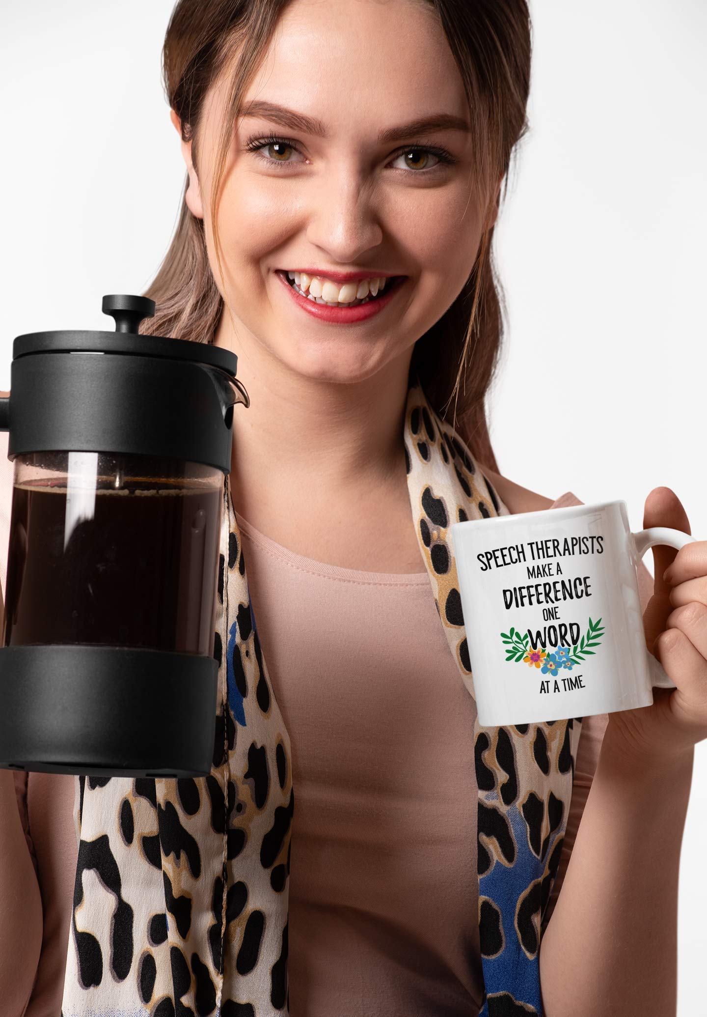 Speech Pathology Gifts. Therapists Make a Difference One Word at a Time. 11 Ounce SLP Coffee Mug. Gift idea for Language Therapy Teacher or Graduation Day. (White)