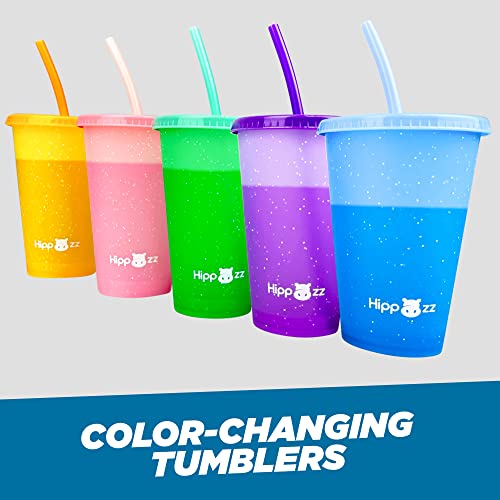 Hippozz Plastic Tumblers with Lid & Straw 5 Pack 16 Oz Color Changing Cups with Lids & Straws Colorful Tumblers with Straw BPA Free Kids Cups with Lids for Parties Reusable Coffee Cups