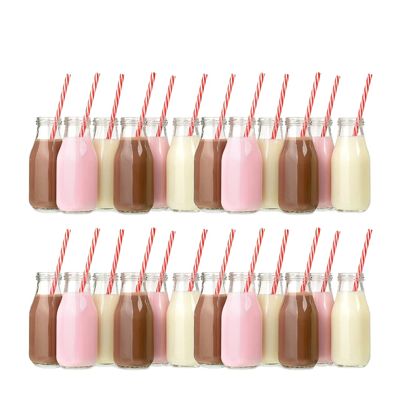 BBA SUNRISE - Set of 24 Glass Milk Bottles With Lids & Straws 10oz, Glass Bottles with Lids for Parties, Breakfast, Wedding, Picnic. Milk Jars with Reusable Red and White Straws and Airight Metal Lids