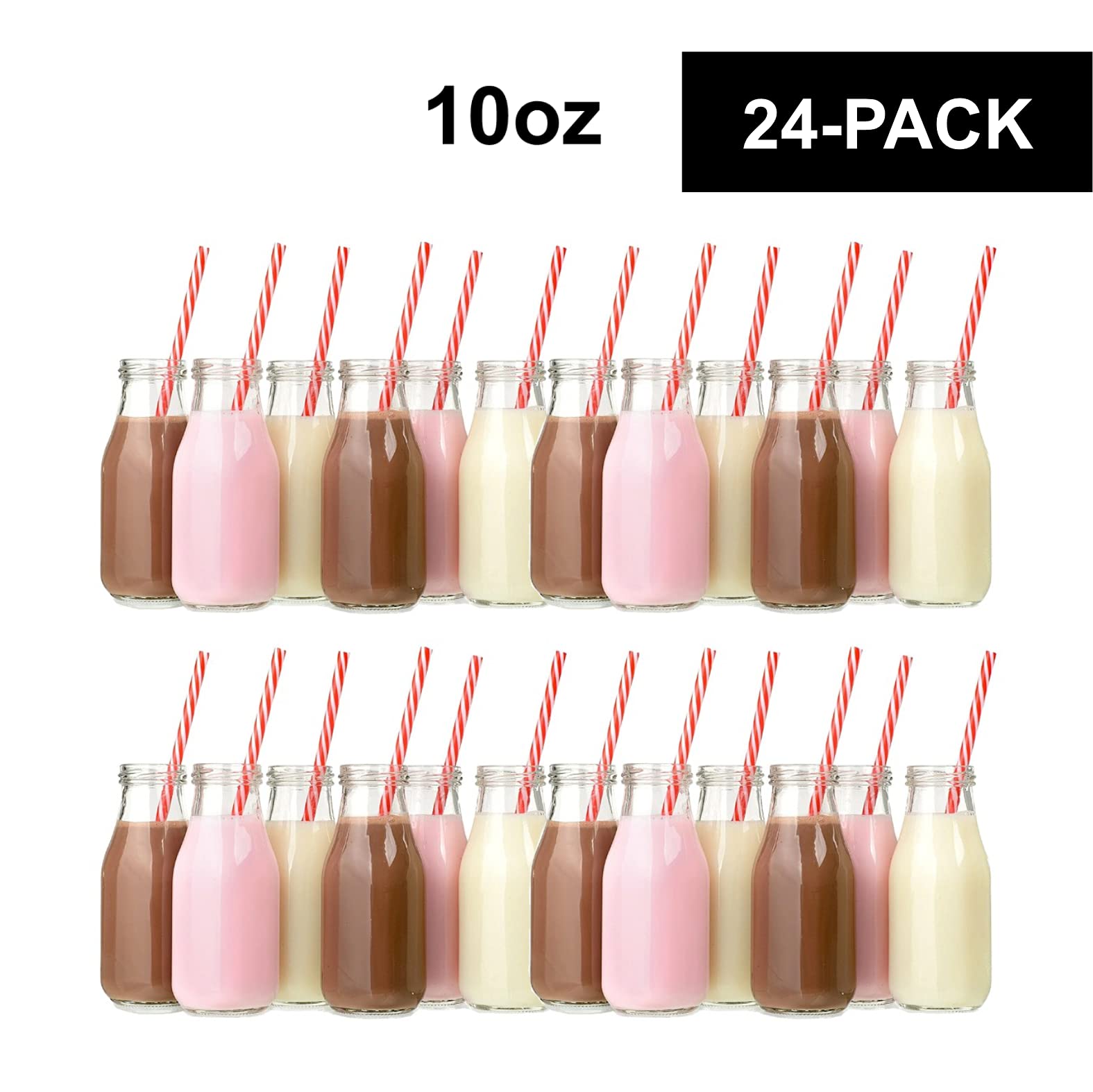 BBA SUNRISE - Set of 24 Glass Milk Bottles With Lids & Straws 10oz, Glass Bottles with Lids for Parties, Breakfast, Wedding, Picnic. Milk Jars with Reusable Red and White Straws and Airight Metal Lids