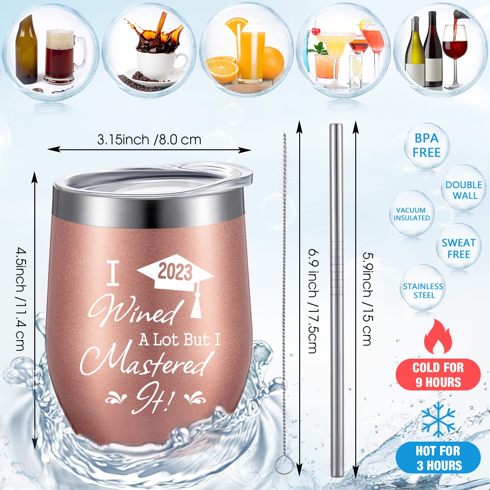 Graduation Gifts for Mastering Degree 12 oz Graduation Tumbler Stainless Steel Wine Tumbler with Lid Cleaning Brush and Gift Box Funny Gifts for University Graduate College Grad (2023 Text Style)