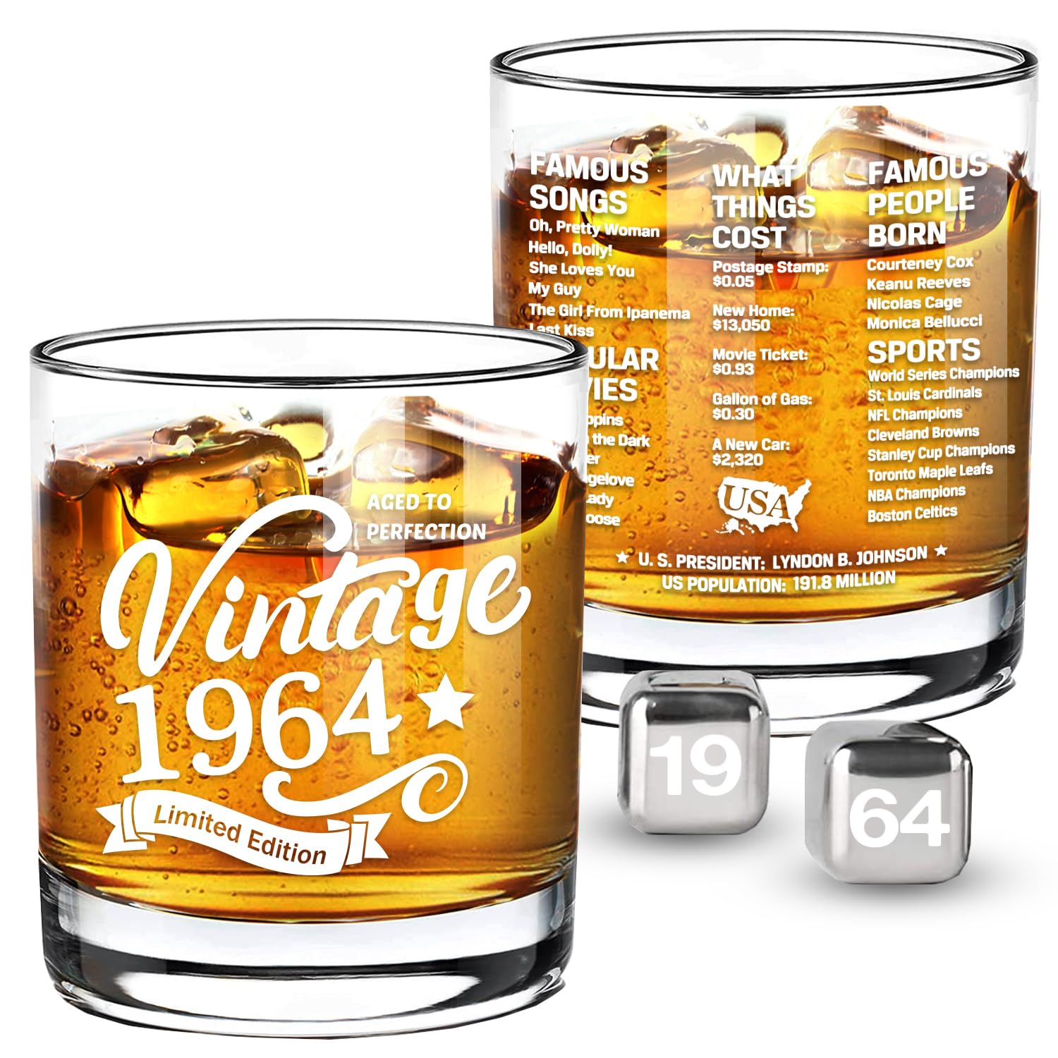 Old Fashioned Glasses-1964-Vintage 1964 Old Time Information 10.25oz Whiskey Rocks Glass -60th Birthday Aged to Perfection - 60 Years Old Gifts Bourbon Scotch Lowball Old Fashioned-1PACK