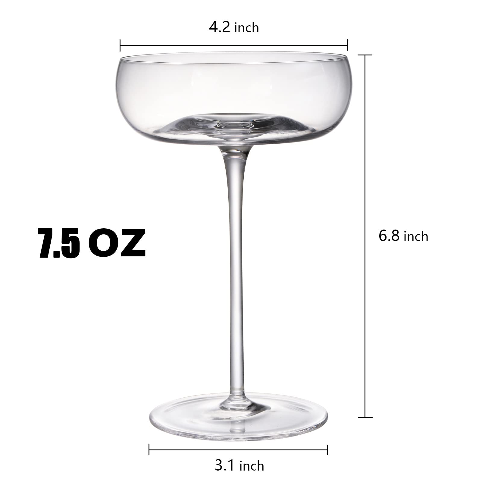 Coloch 4 Pack Cocktail Coupe Glasses with Stem, 7oz Crystal Tall Martini Glasses Vintage Champagne Coupe Glassware for Cocktail, Martini, Margarita, Champagne, Party, Catering, Wedding