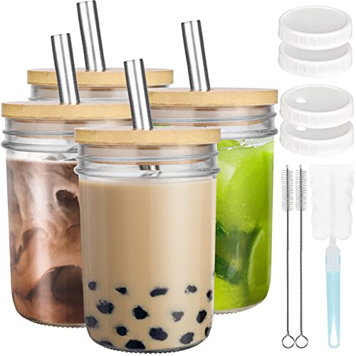 zunmial 4 Pack Smoothie Cup Boba Cup,16oz Mason Jar With Bamboo Lid and Straw, Bubble Tea Cups Mason Jar Cups