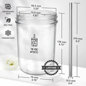 zunmial 4 Pack Smoothie Cup Boba Cup,16oz Mason Jar With Bamboo Lid and Straw, Bubble Tea Cups Mason Jar Cups