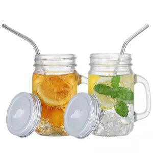 ysjilide smoothie cup with lid and straw, iced coffee cup reusable, mason jar cups, mason jar drinking glasses for juice coffee milkshake, mason jars with handle set of 2 (whtie)