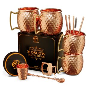 moscow mule copper mugs | set of 4 hammered cups | 100% handcrafted pure solid copper | gift set with cocktail straws | shot glass | coasters | copper stirrer & beer opener by copper-bar