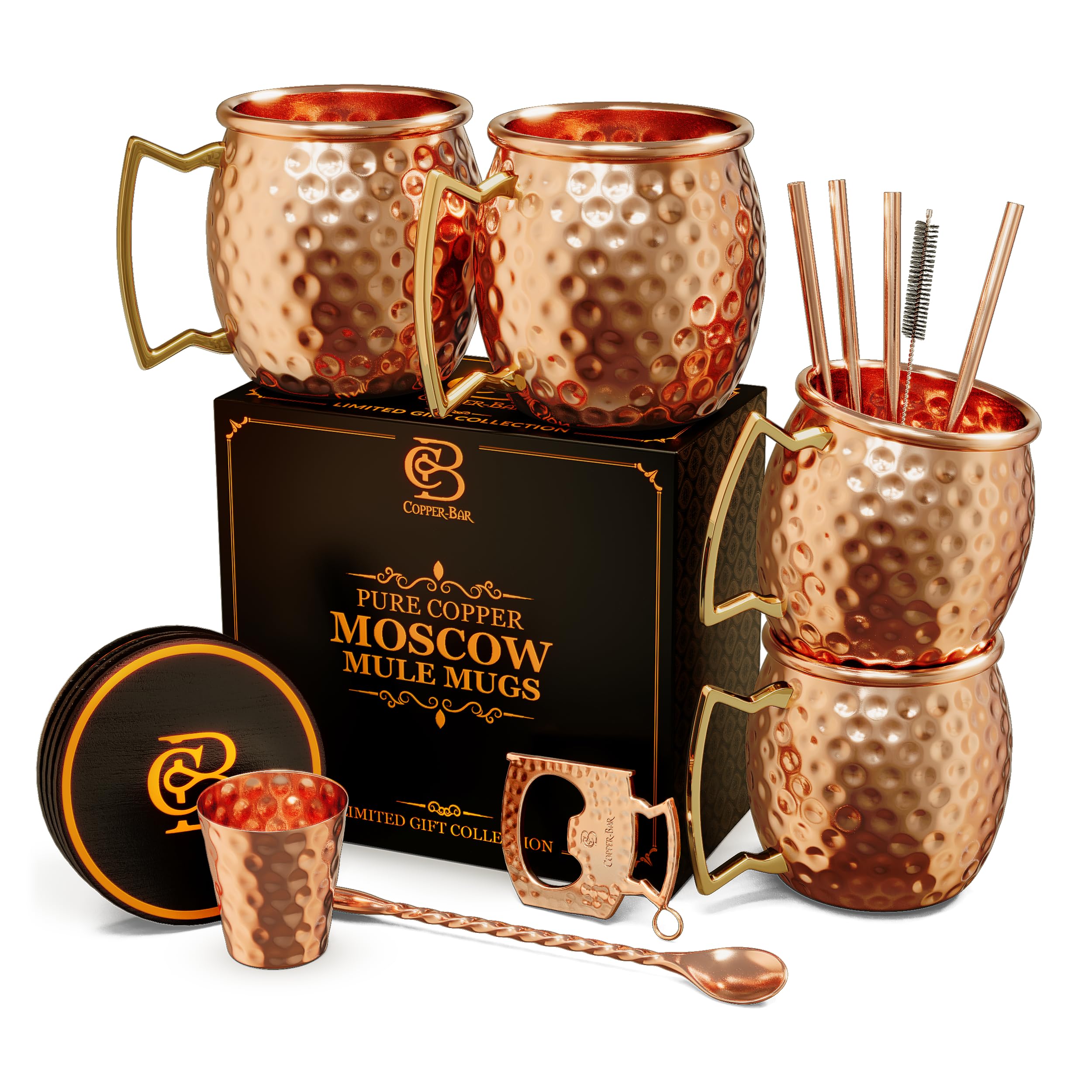 Moscow Mule Copper Mugs | Set of 4 Hammered Cups | 100% Handcrafted Pure Solid Copper | Gift Set with Cocktail Straws | Shot Glass | Coasters | Copper Stirrer & Beer Opener by Copper-Bar