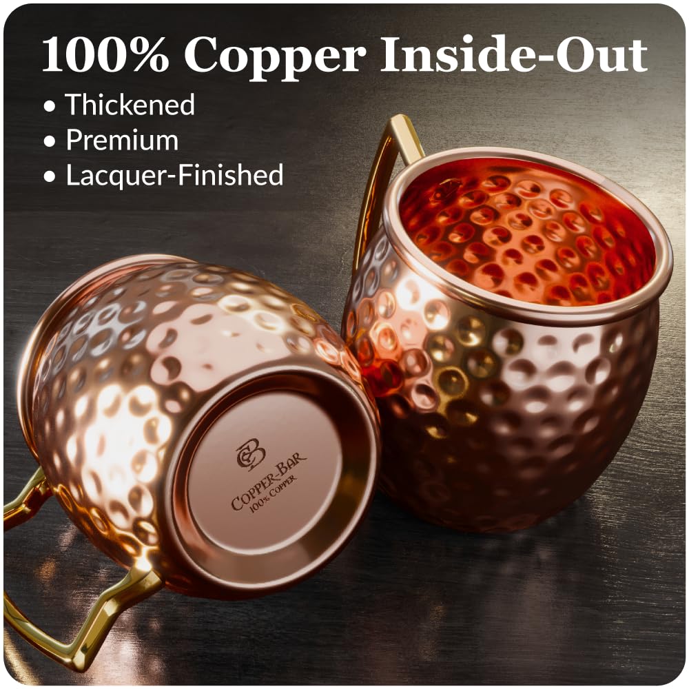 Moscow Mule Copper Mugs | Set of 4 Hammered Cups | 100% Handcrafted Pure Solid Copper | Gift Set with Cocktail Straws | Shot Glass | Coasters | Copper Stirrer & Beer Opener by Copper-Bar