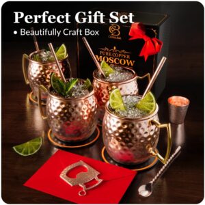 Moscow Mule Copper Mugs | Set of 4 Hammered Cups | 100% Handcrafted Pure Solid Copper | Gift Set with Cocktail Straws | Shot Glass | Coasters | Copper Stirrer & Beer Opener by Copper-Bar