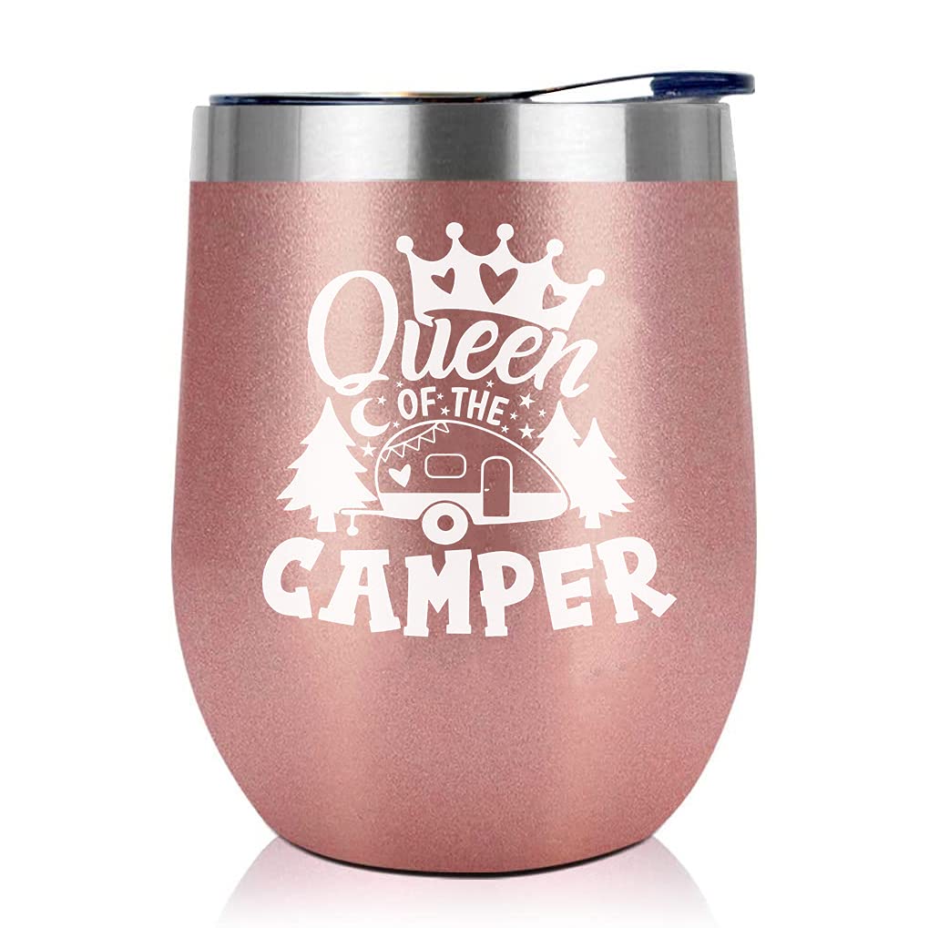 Joyloce Queen Of The Camper Wine Tumbler Camping Coffee Mug Cup Women Camper Stemless Tumblers With Lid Stainless Steel Insulated Vacuum 12 Oz RV Gifts For Campers Outdoors Hiking