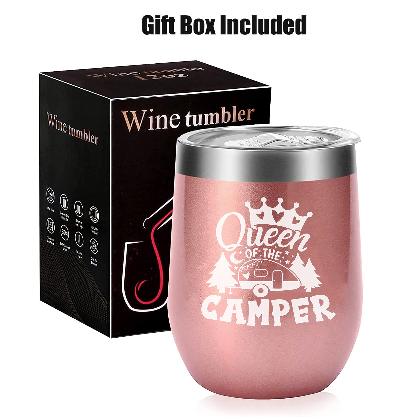 Joyloce Queen Of The Camper Wine Tumbler Camping Coffee Mug Cup Women Camper Stemless Tumblers With Lid Stainless Steel Insulated Vacuum 12 Oz RV Gifts For Campers Outdoors Hiking