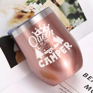 Joyloce Queen Of The Camper Wine Tumbler Camping Coffee Mug Cup Women Camper Stemless Tumblers With Lid Stainless Steel Insulated Vacuum 12 Oz RV Gifts For Campers Outdoors Hiking