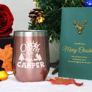 Joyloce Queen Of The Camper Wine Tumbler Camping Coffee Mug Cup Women Camper Stemless Tumblers With Lid Stainless Steel Insulated Vacuum 12 Oz RV Gifts For Campers Outdoors Hiking