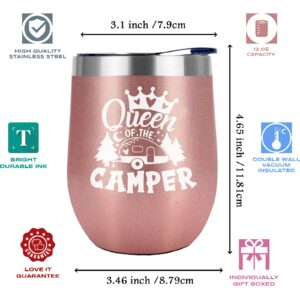 Joyloce Queen Of The Camper Wine Tumbler Camping Coffee Mug Cup Women Camper Stemless Tumblers With Lid Stainless Steel Insulated Vacuum 12 Oz RV Gifts For Campers Outdoors Hiking