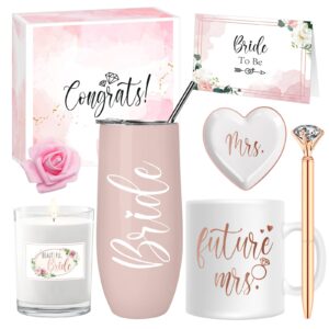 8 Pieces Bride Gifts Box Bridal Shower Gift Bachelorette Gifts for Bride Wedding Gift for Bride Stainless Steel Tumbler Coffee Mug Scented Candle and Ring Dish Set (Flowers)