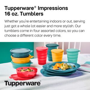 Tupperware Brand Impressions 16 oz Tumblers - Set of 4 - Dishwasher Safe & BPA Free - Mess-Free Reusable Plastic Cups with Lids