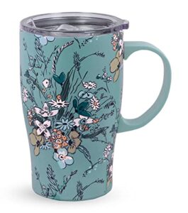 vera bradley coffee tumbler with handle, 18 ounce stainless steel mug with lid, green floral metal thermal cup, sunlit garden greek sage