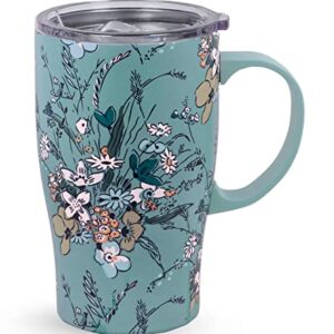 Vera Bradley Coffee Tumbler with Handle, 18 Ounce Stainless Steel Mug with Lid, Green Floral Metal Thermal Cup, Sunlit Garden Greek Sage