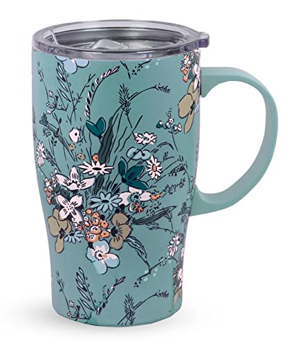 Vera Bradley Coffee Tumbler with Handle, 18 Ounce Stainless Steel Mug with Lid, Green Floral Metal Thermal Cup, Sunlit Garden Greek Sage