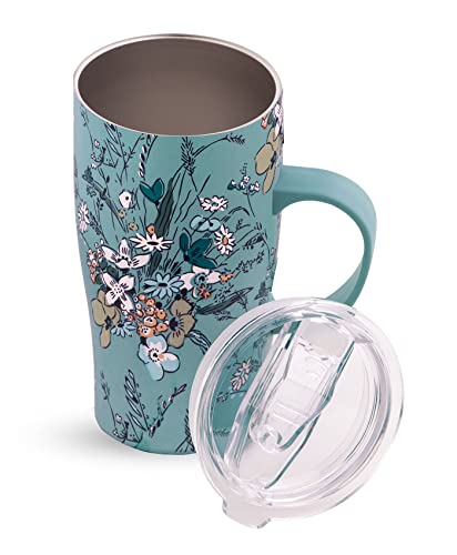 Vera Bradley Coffee Tumbler with Handle, 18 Ounce Stainless Steel Mug with Lid, Green Floral Metal Thermal Cup, Sunlit Garden Greek Sage