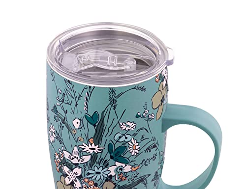 Vera Bradley Coffee Tumbler with Handle, 18 Ounce Stainless Steel Mug with Lid, Green Floral Metal Thermal Cup, Sunlit Garden Greek Sage