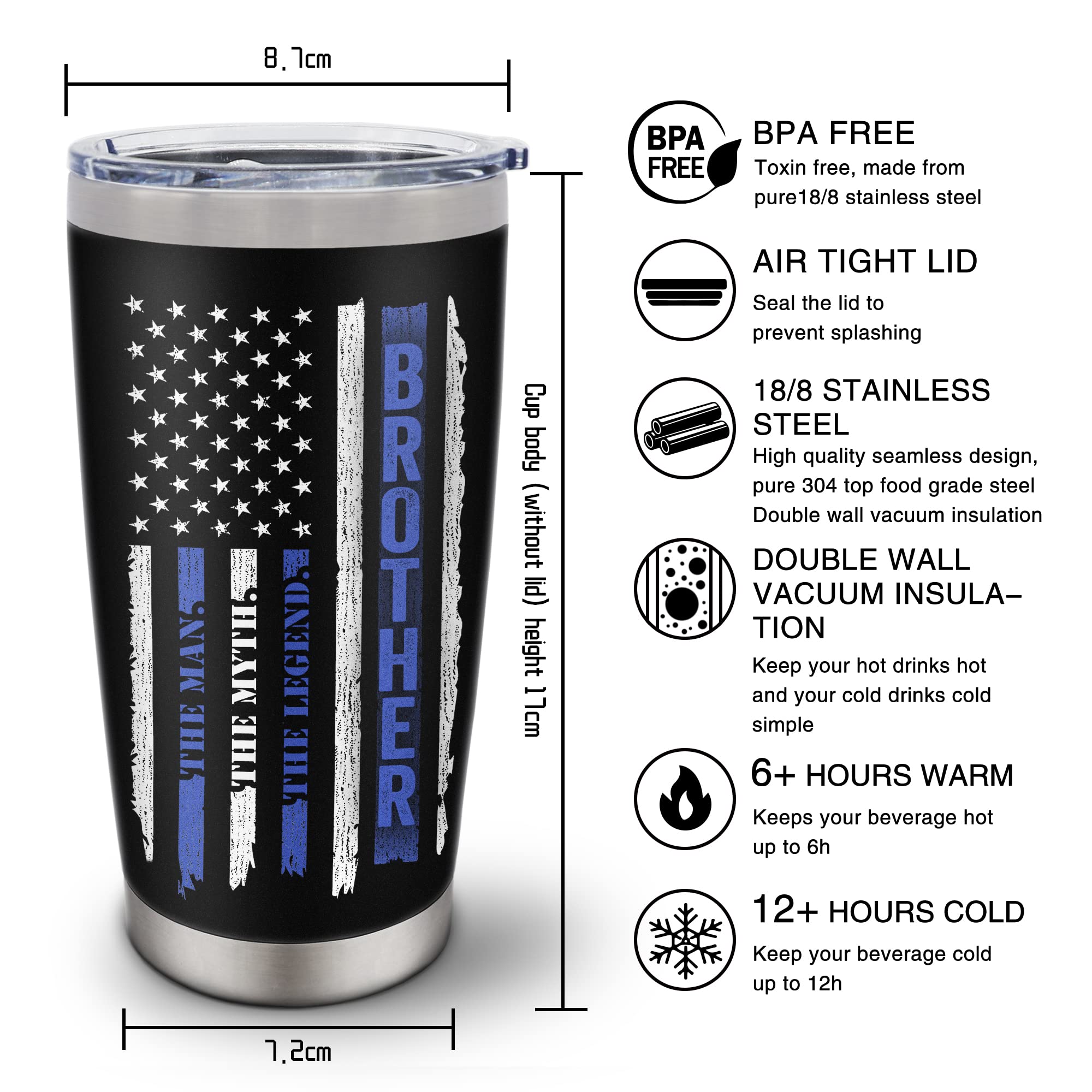 Big Brother Gift,Gifts for Brother Tumbler Coffee 20oz 1PC,Brother Birthday Gifts,Brother Gifts from Sister,Birthday Gifts for Brother,Best Gift Idea for Brother Men Him,Brother American Flag Cup