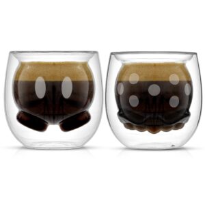 joyjolt mickey pants and minnie skirt 3d 2oz espresso cups. double walled espresso glasses (2pc) small double wall glass coffee cups. demitasse cups, espresso measuring cup or liqueur shot glasses