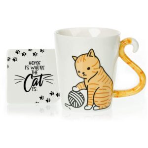 infloatables orange cat mug & coaster set - 3d ceramic coffee mug - cat tea cup with tail cat handle - novelty coffee mugs - cute cups - cute cat tea mug - cat lover gifts for women (12oz)