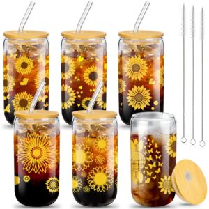 zubebe sunflower glass cup with bamboo lids and straws, 16 oz iced coffee tumblers sunflower drinking cup daisy beer can inspirational sunflower gifts for mother's day birthday(yellow, 6 pcs)