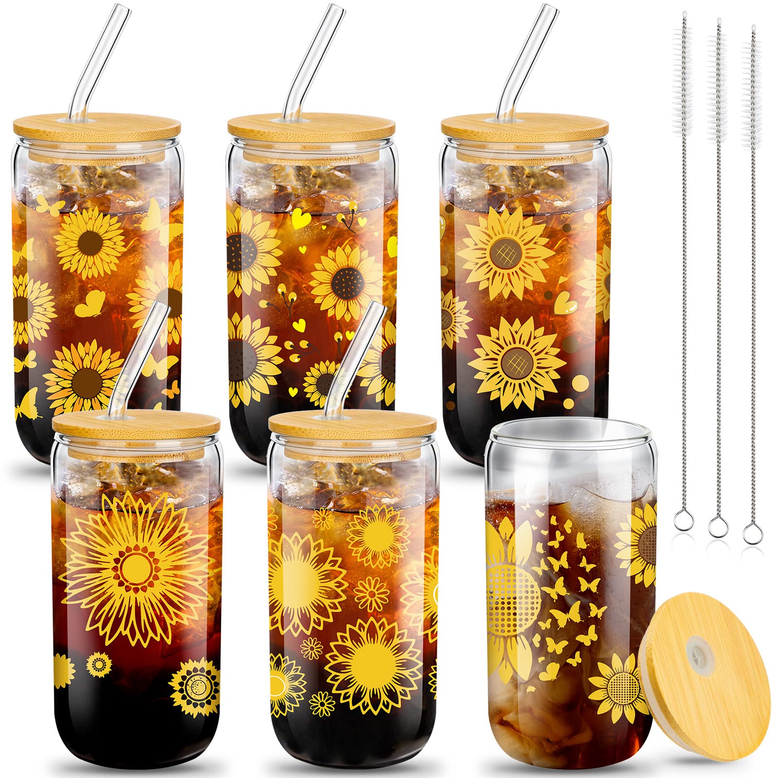 Zubebe Sunflower Glass Cup with Bamboo Lids and Straws, 16 oz Iced Coffee Tumblers Sunflower Drinking Cup Daisy Beer Can Inspirational Sunflower Gifts for Mother's Day Birthday(Yellow, 6 Pcs)