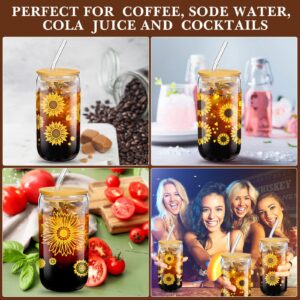 Zubebe Sunflower Glass Cup with Bamboo Lids and Straws, 16 oz Iced Coffee Tumblers Sunflower Drinking Cup Daisy Beer Can Inspirational Sunflower Gifts for Mother's Day Birthday(Yellow, 6 Pcs)