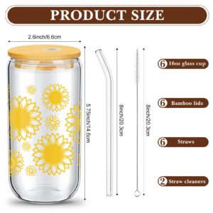 Zubebe Sunflower Glass Cup with Bamboo Lids and Straws, 16 oz Iced Coffee Tumblers Sunflower Drinking Cup Daisy Beer Can Inspirational Sunflower Gifts for Mother's Day Birthday(Yellow, 6 Pcs)