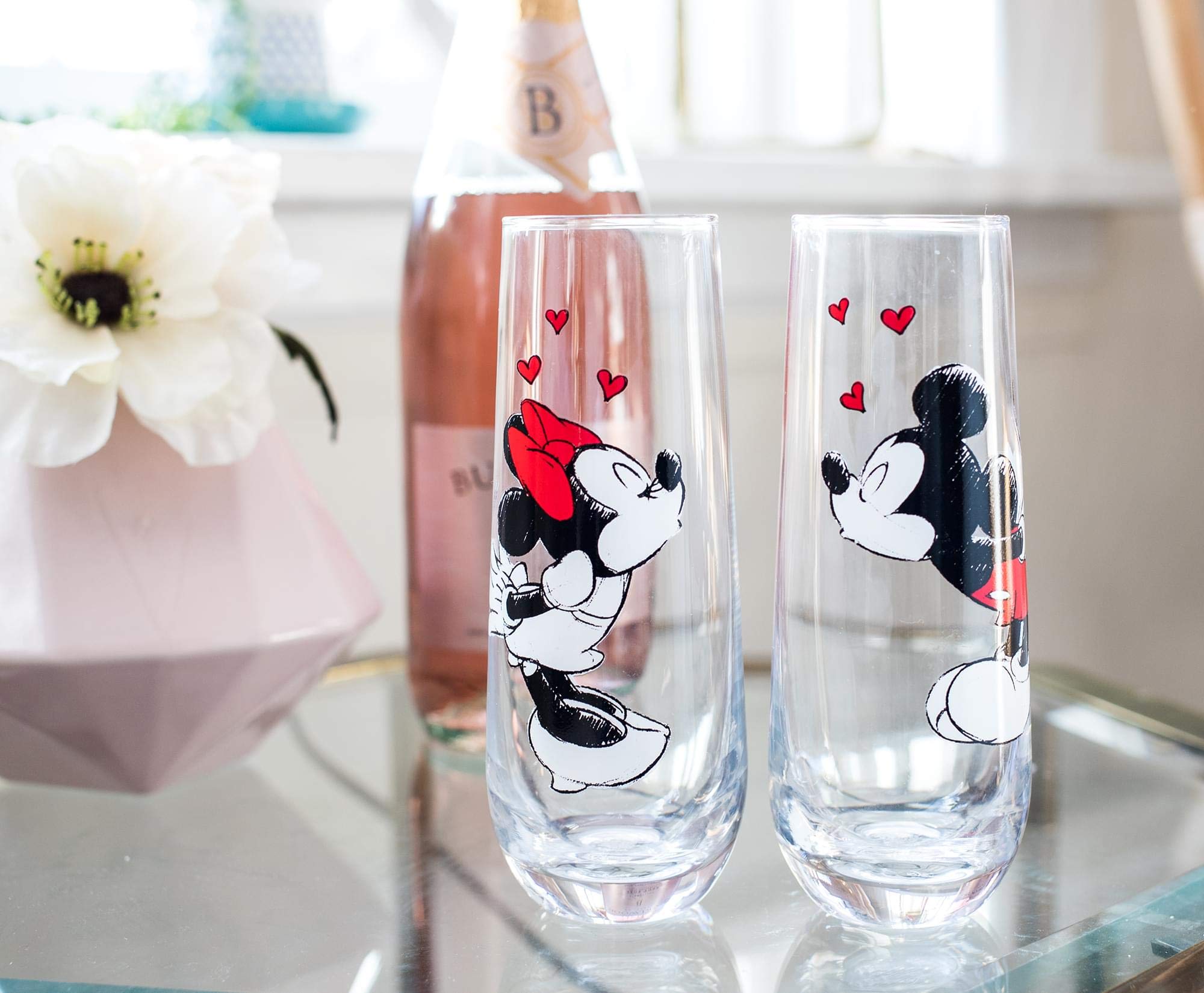 Silver Buffalo Mickey and Minnie Kiss Hearts Stemless Fluted Glassware Exclusive | Set of 2