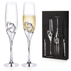 4 piece champagne flutes and cake knife server set, bride and groom toasting flutes with cake cutting set, diamond champagne glasses set for wedding reception anniversary party house warming, silver