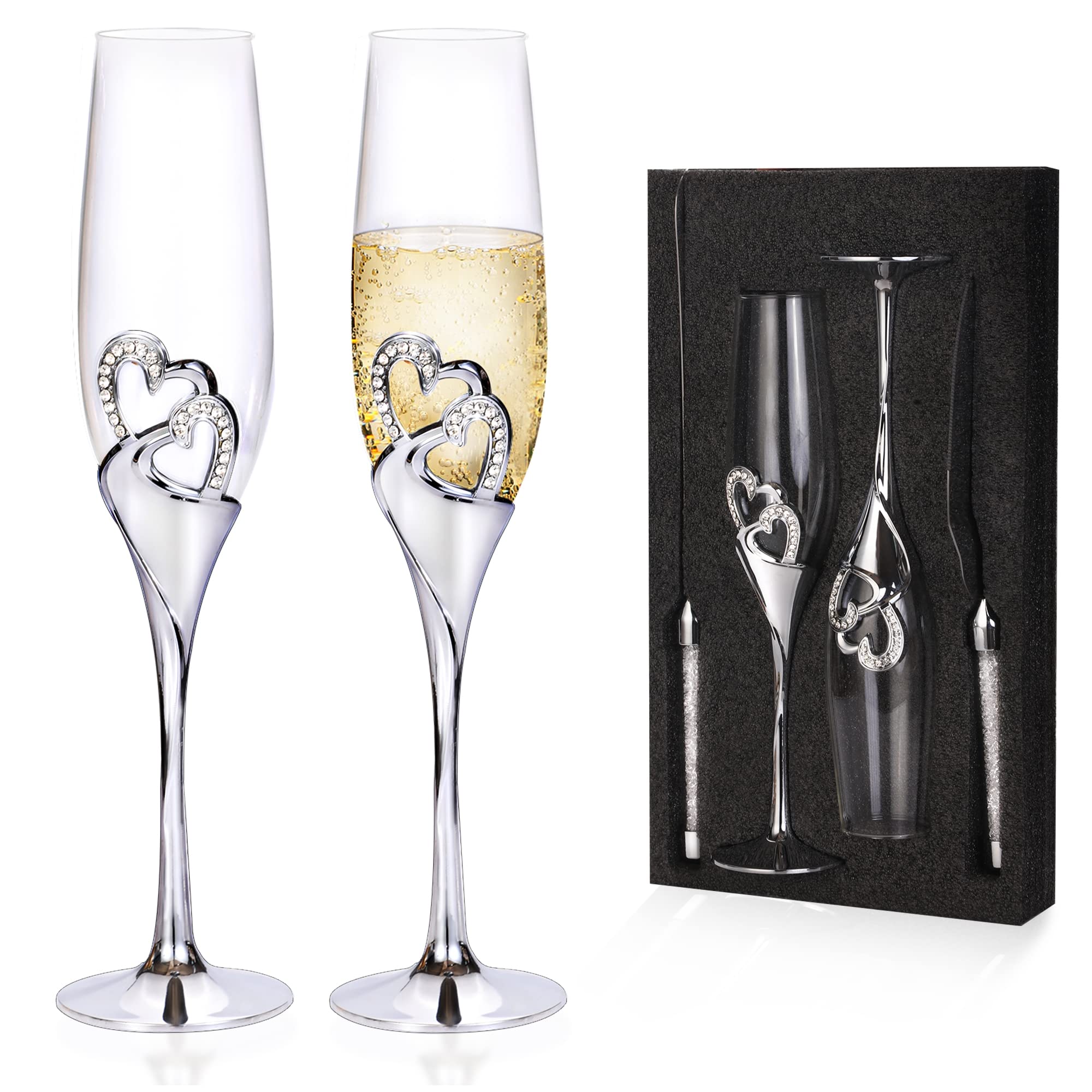 4 Piece Champagne Flutes and Cake Knife Server Set, Bride and Groom Toasting Flutes with Cake Cutting Set, Diamond Champagne Glasses Set for Wedding Reception Anniversary Party House Warming, Silver