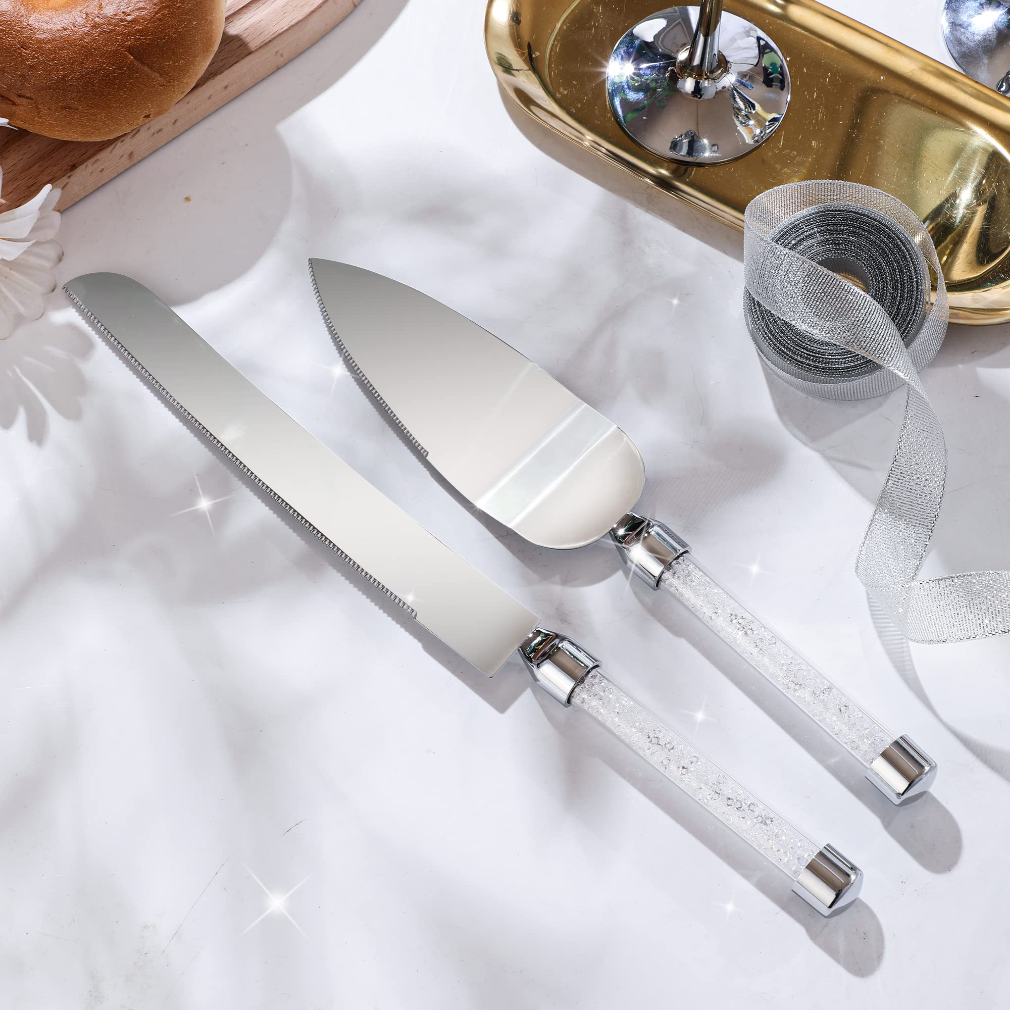 4 Piece Champagne Flutes and Cake Knife Server Set, Bride and Groom Toasting Flutes with Cake Cutting Set, Diamond Champagne Glasses Set for Wedding Reception Anniversary Party House Warming, Silver