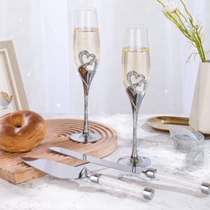 4 Piece Champagne Flutes and Cake Knife Server Set, Bride and Groom Toasting Flutes with Cake Cutting Set, Diamond Champagne Glasses Set for Wedding Reception Anniversary Party House Warming, Silver