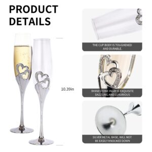 4 Piece Champagne Flutes and Cake Knife Server Set, Bride and Groom Toasting Flutes with Cake Cutting Set, Diamond Champagne Glasses Set for Wedding Reception Anniversary Party House Warming, Silver